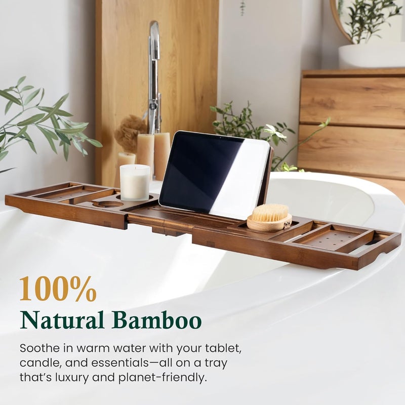 Realgulf Bamboo Bathtub Tray, Bath Caddy with Wine Glass Holder, Phone Dock & Book Stand | Hands-Free Reading & Ultimate Spa Relaxation Experience-Brown - Image 2